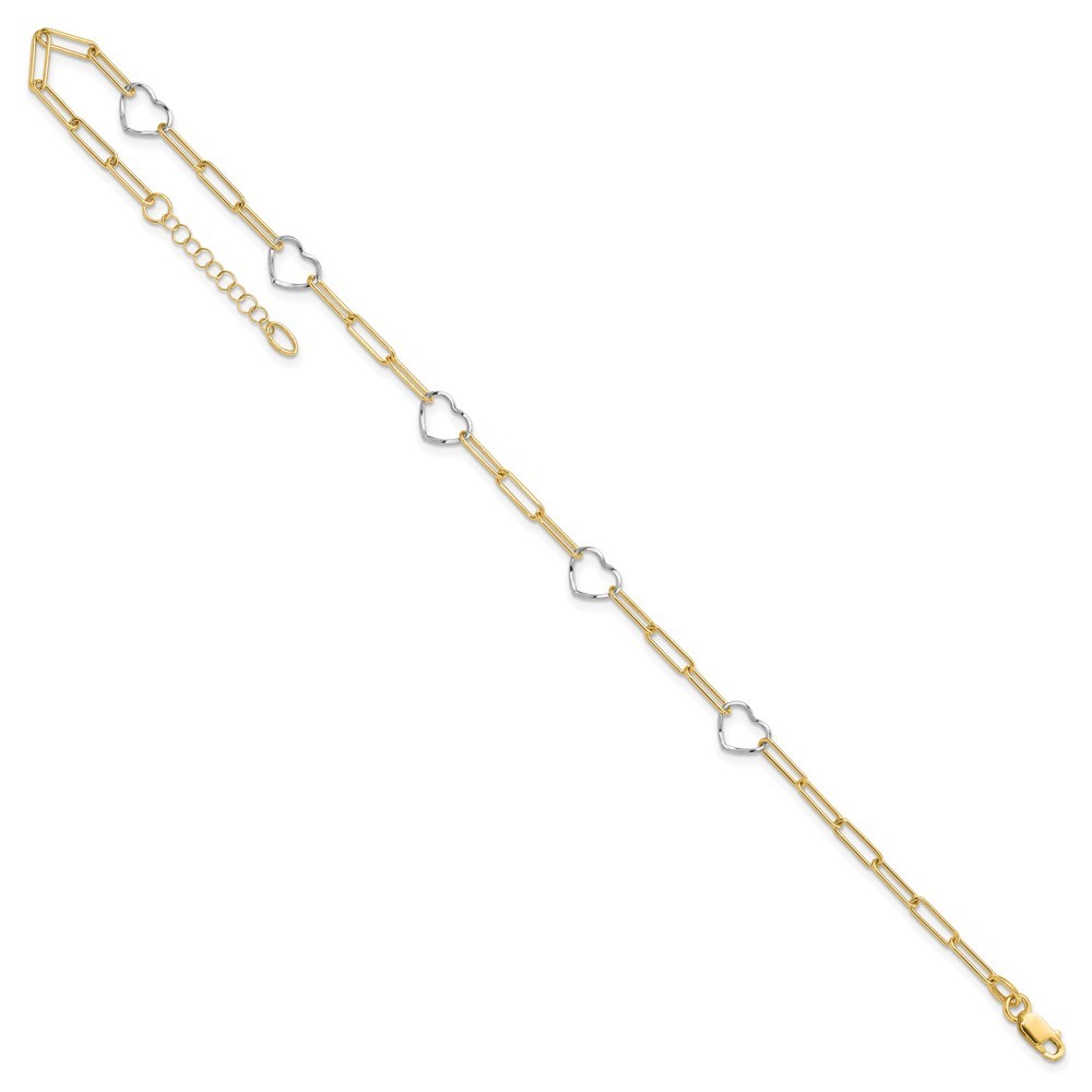 14K Two-tone Paperclip Link Heart Charm 9" + 1" ext. Summer Fine Jewelry Anklet - Picture 5 of 7
